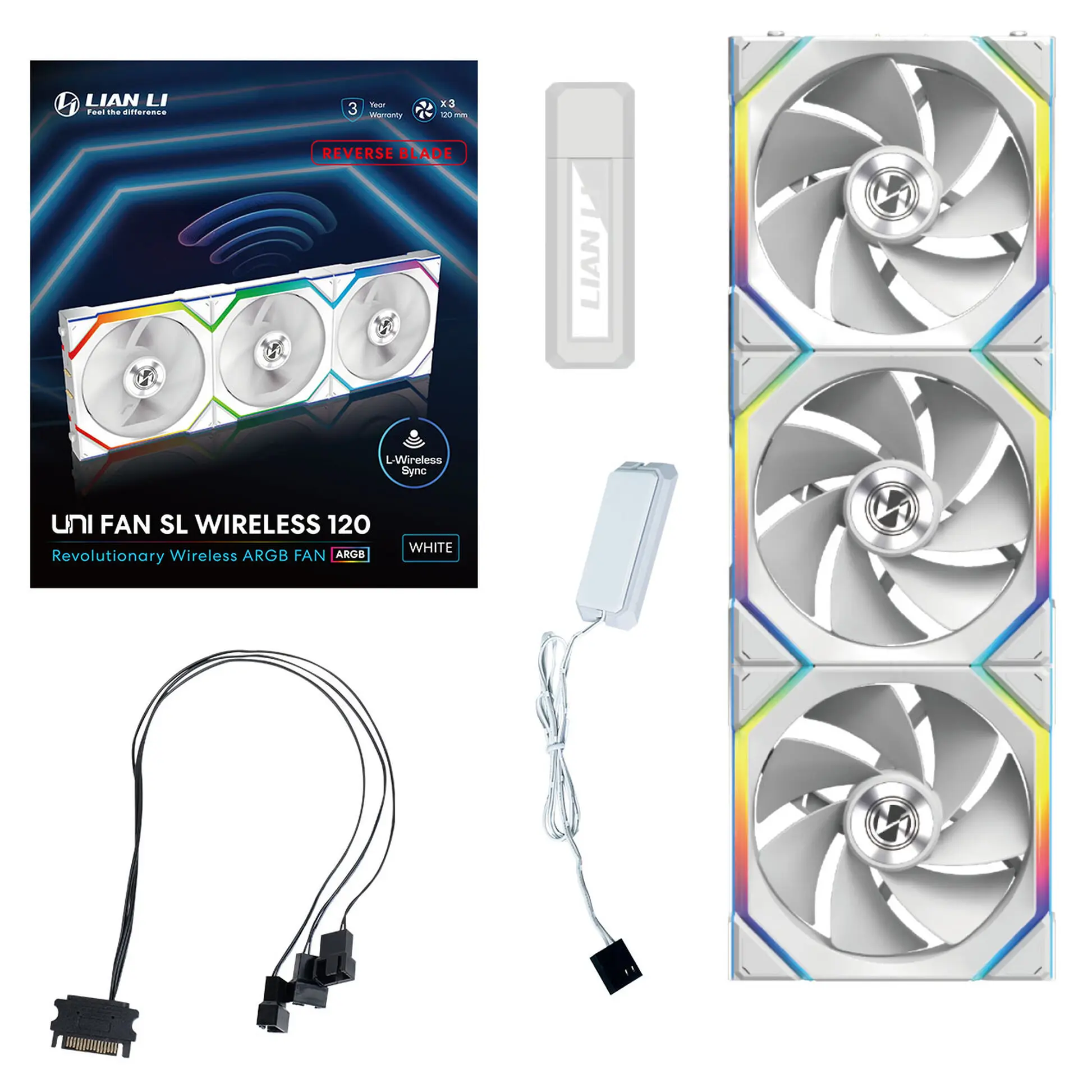 Lian Li UNI FAN SL Wireless ARGB PWM Reverse 120 mm Triple Fan Kit - Bianco - immagine 5