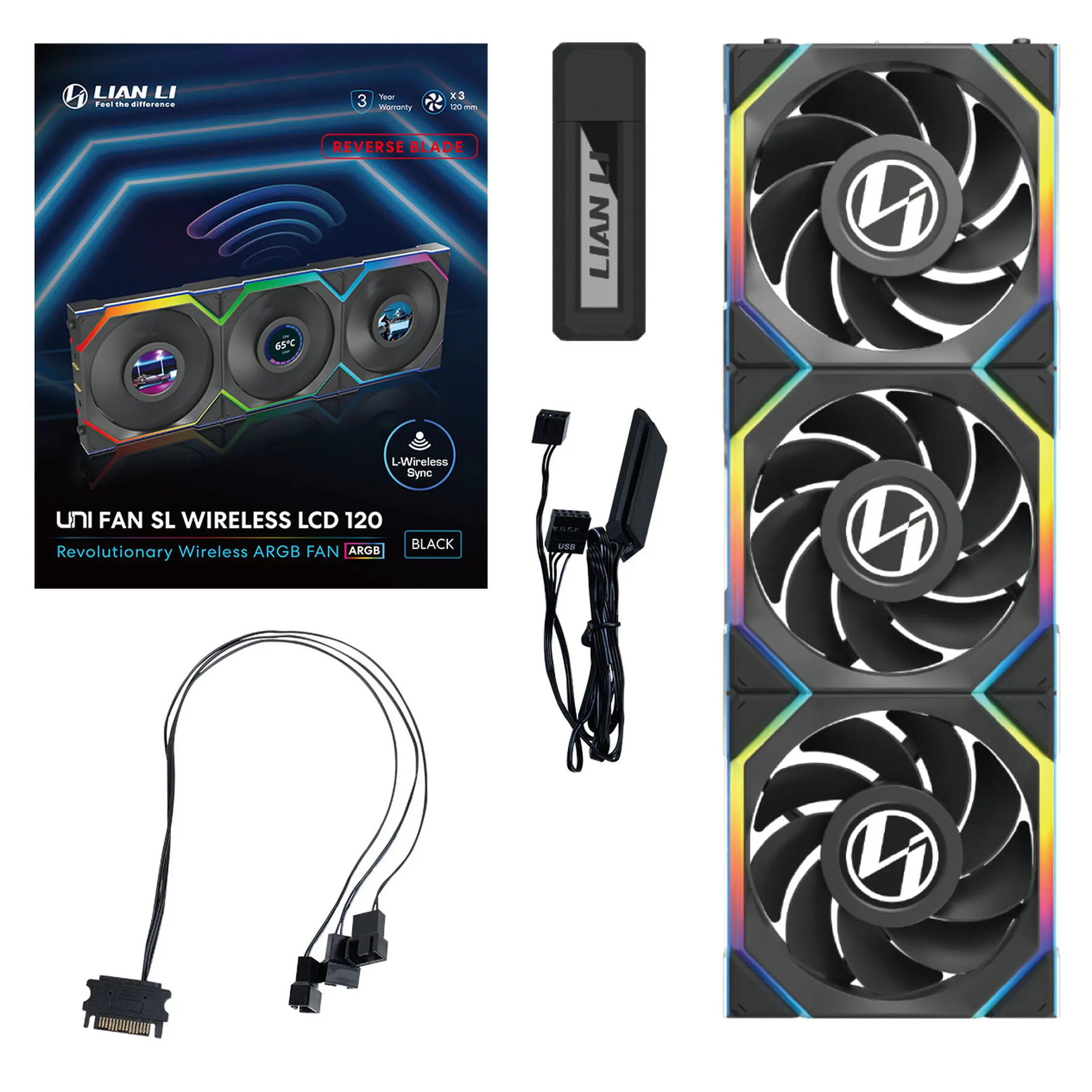 Lian Li UNI FAN SL Wireless LCD ARGB PWM Reverse 120 mm Triple Fan Kit- Nero - immagine 6