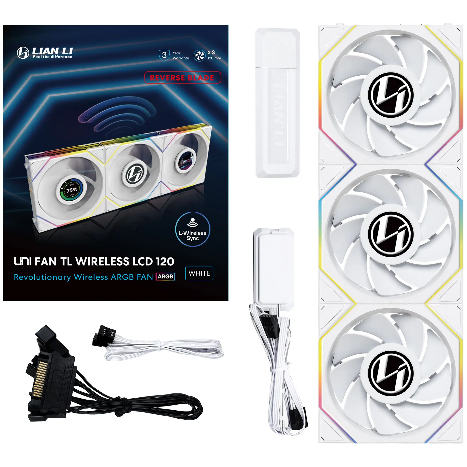 Lian Li UNI FAN TL LCD Wireless ARGB PWM Reverse 120 mm Triple Fan Pack - Bianco - immagine 5