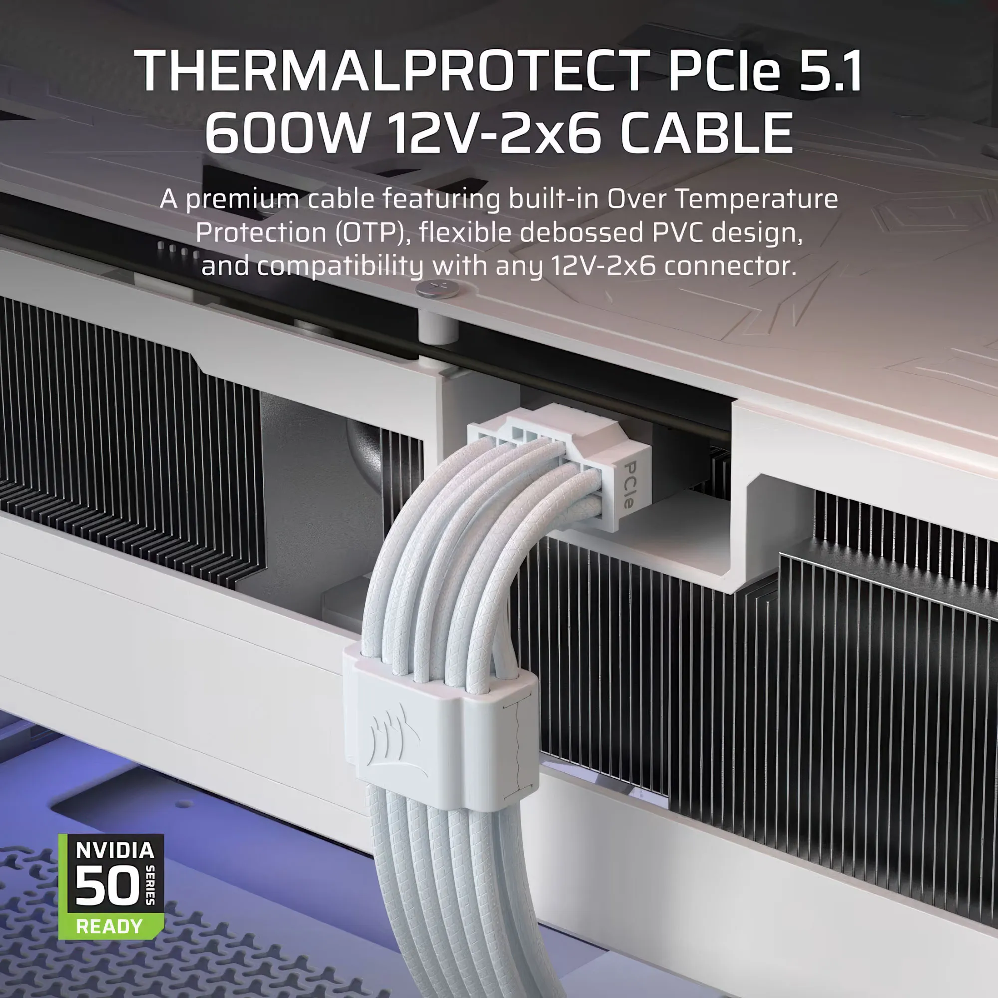 Corsair ThermalProtect PCIe 5.1 600W 12V-2x6 - Cavo di alimentazione GPU bianco con protezione termica integrata - immagine 3