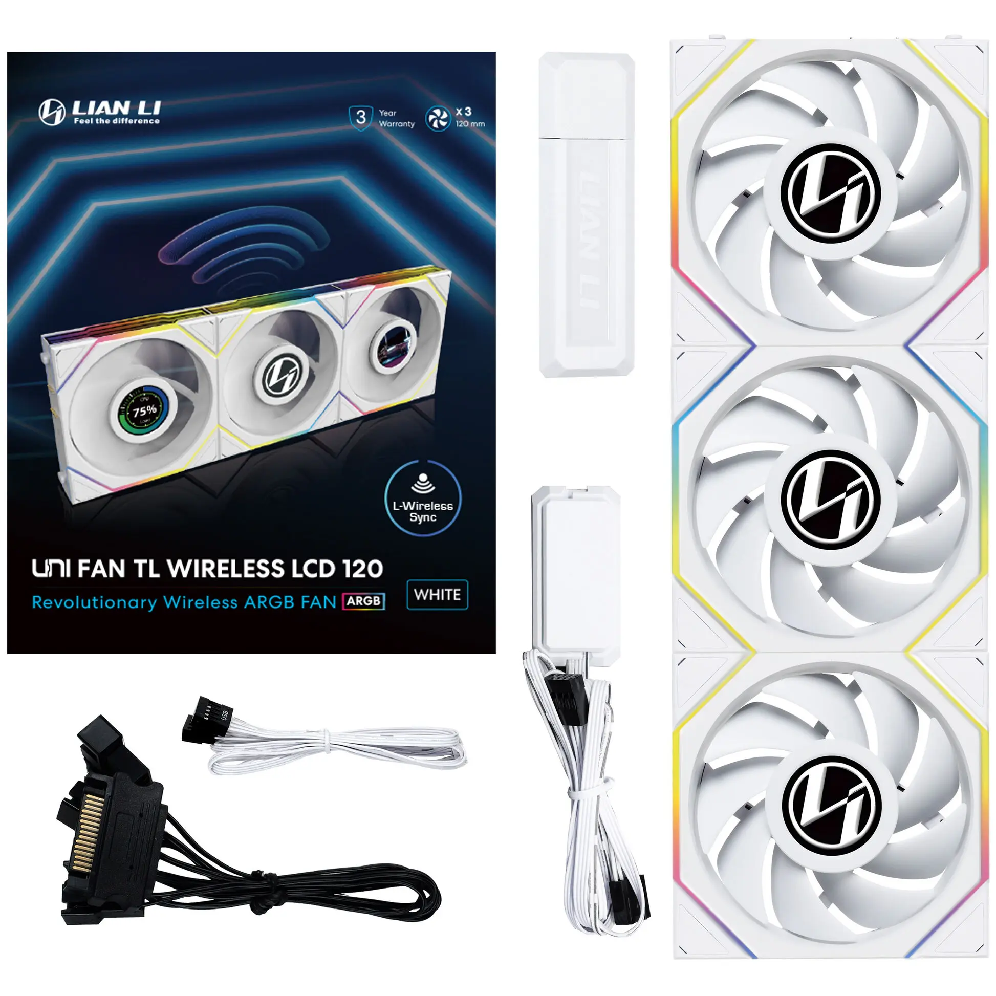 Lian Li UNI FAN TL LCD Wireless ARGB PWM 120 mm Triple Fan Pack - Bianco - immagine 6