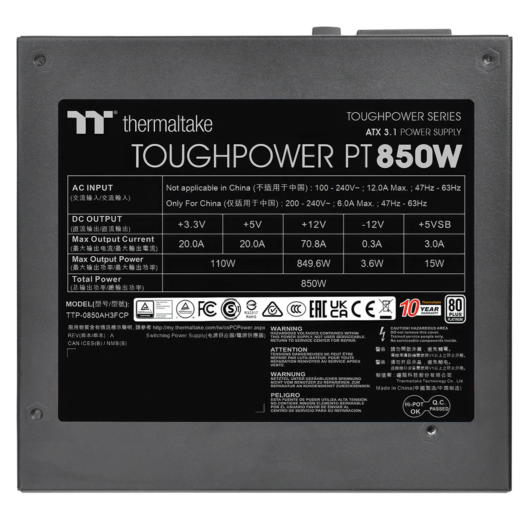 Thermaltake Toughpower PT 850W - Alimentatore 80 Plus Platinum, ATX 3.1, Modulare - immagine 5
