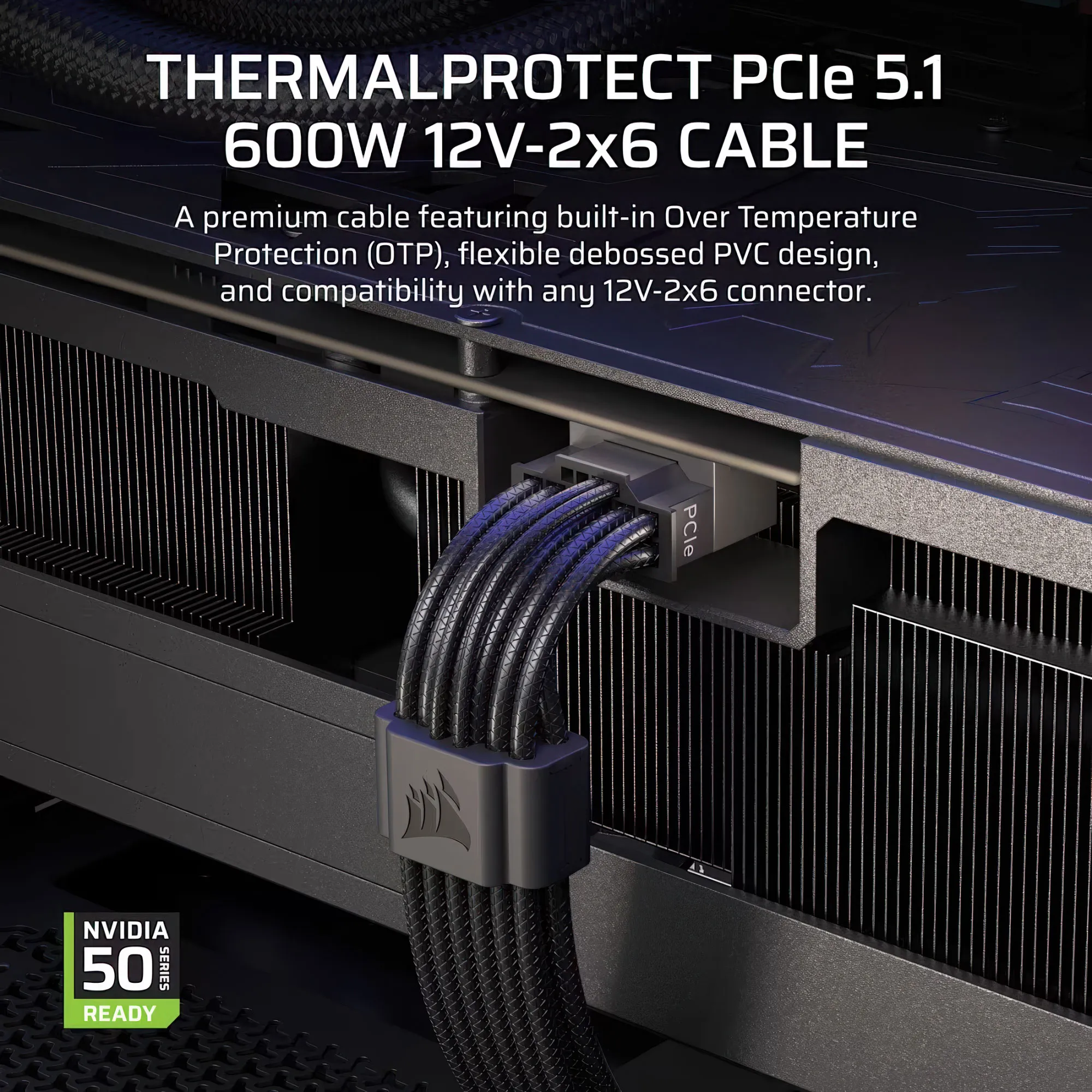 Corsair ThermalProtect PCIe 5.1 600W 12V-2x6 - Cavo di alimentazione GPU nero con protezione termica integrata - immagine 3