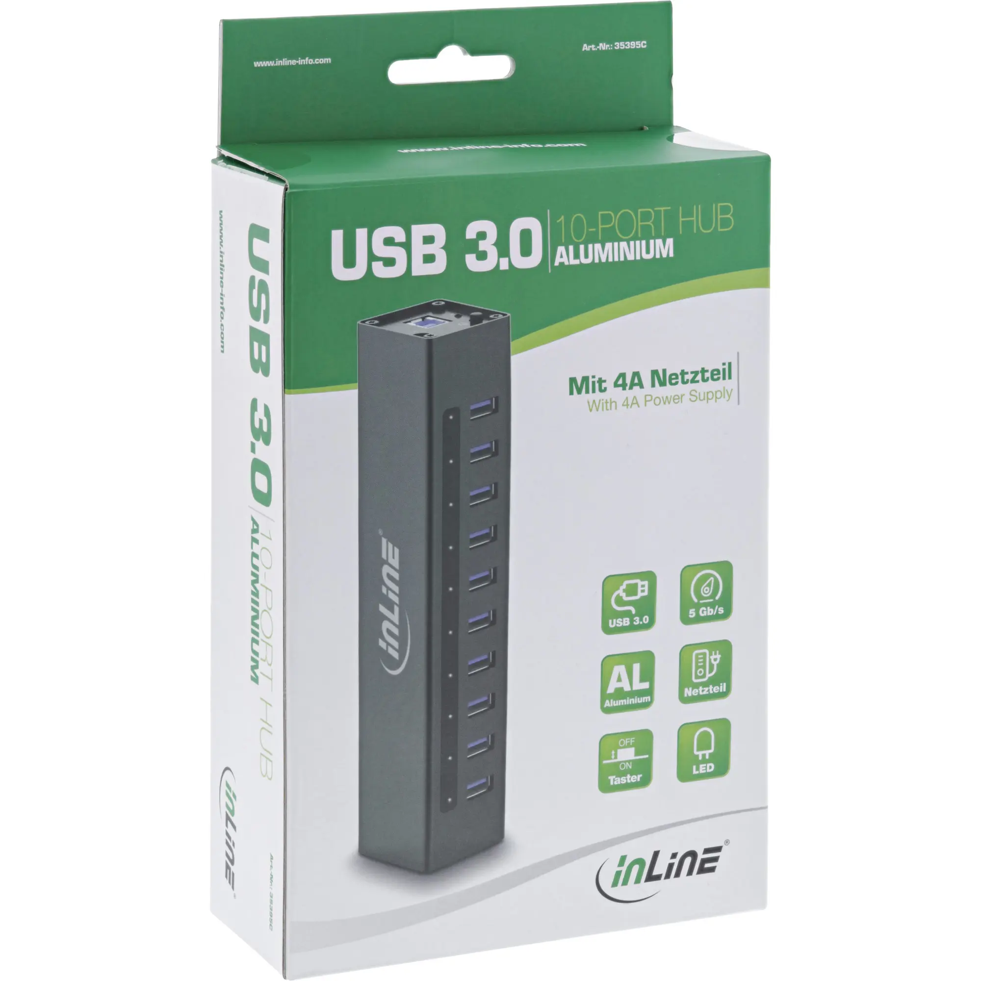 InLine Hub USB 3.2 Gen.1 10 Porte - Corpo in Alluminio Nero con Alimentatore 4A - immagine 4