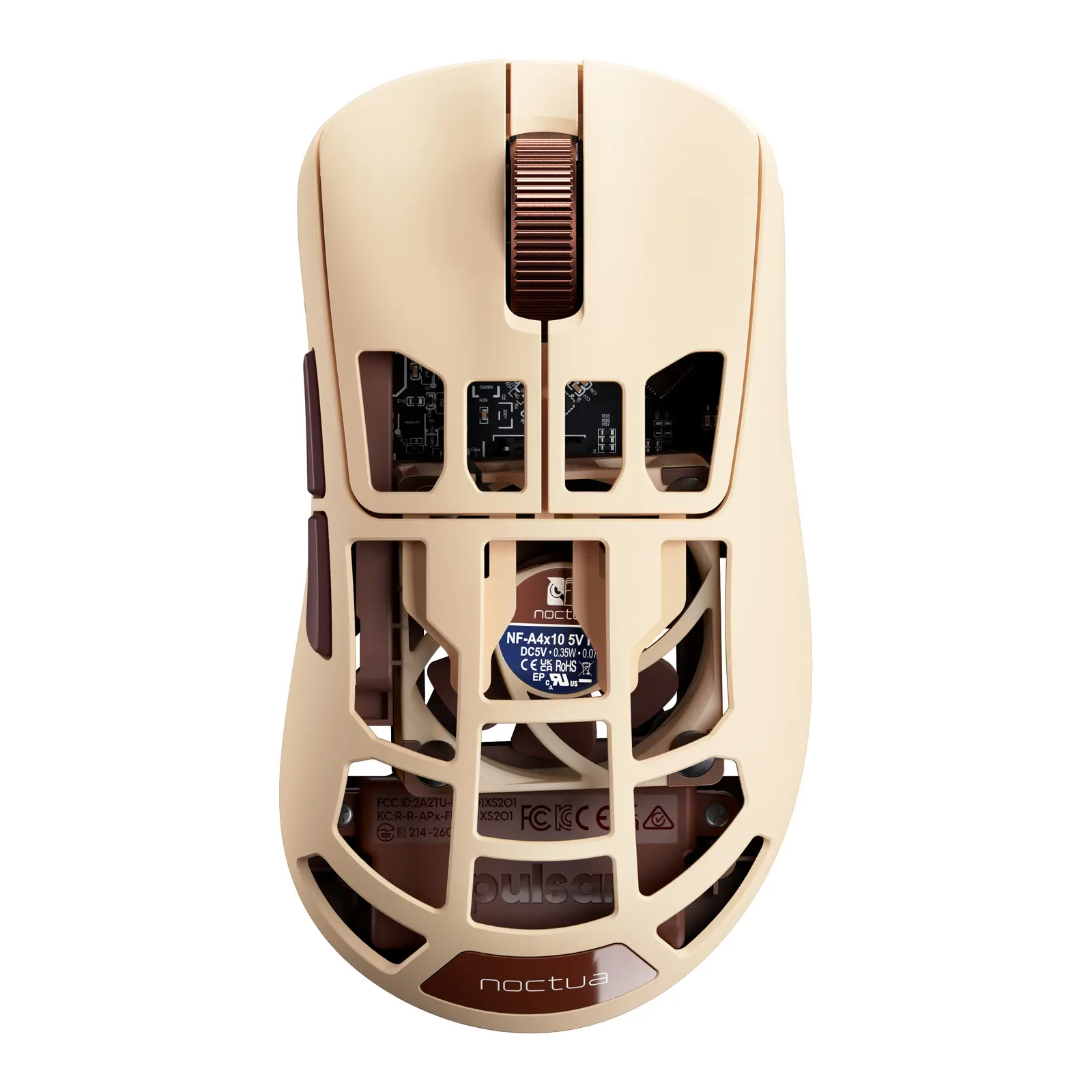 Pulsar Feinmann F01 Noctua Edition - Mouse Gaming Wireless 8K con Ventola NF-A4x10 Integrata, 42.000 DPI, 73 g - Beige/Marrone - immagine 3